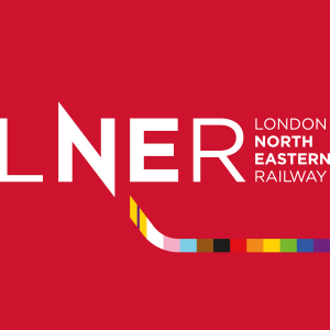 LNER logo featuring rainbow stripes supporting LGBT+ inclusion on a bright red background.