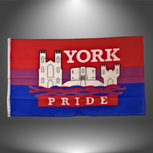 York Pride flag with iconic buildings on a red, purple, and blue background. Bold text reads York Pride.
