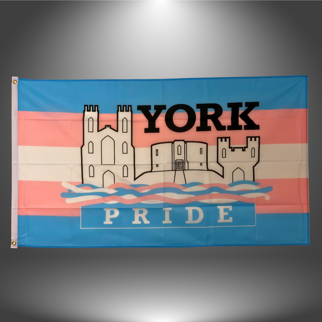 York Pride flag with historic buildings on a pastel blue and pink background, promoting inclusivity and diversity.