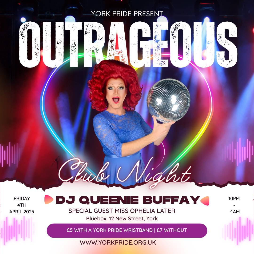 York Pride Club Night poster with vibrant lights and a performer holding a disco ball. Event on 4 April 2025.