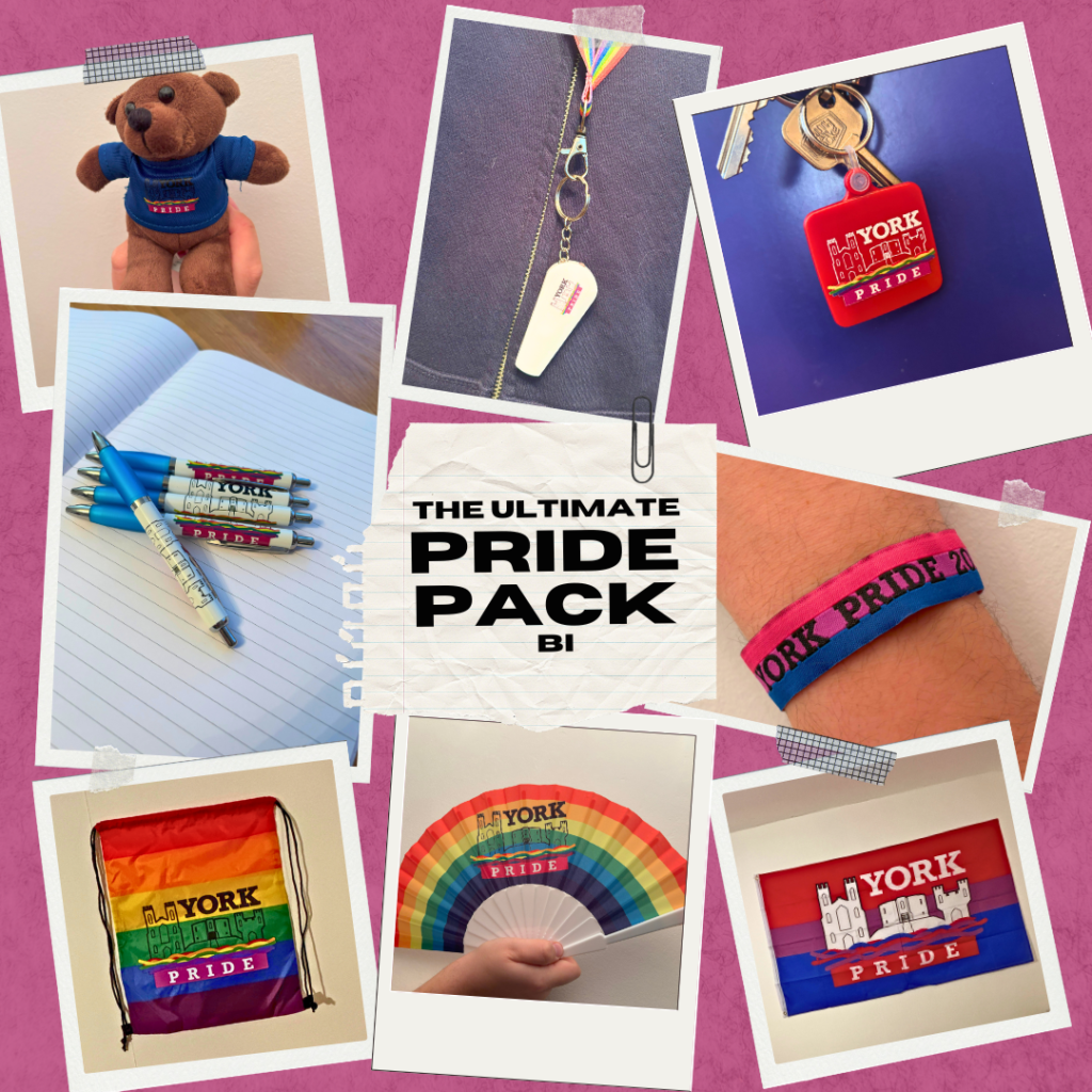 1. Teddy bear holding a York Pride sign, symbolising love and support.
2. Lanyard with a rainbow ribbon and York Pride whistle attached.
3. Red York Pride keyring on keychain, showcasing city support.
4. Selection of York Pride pens on notebook for writing prideful words.
5. Blue and pink York Pride wristband