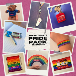 1. Teddy bear with York Pride logo and rainbow jumper.
2. Rainbow lanyard with York Pride keyring.
3. Red York Pride keychain with keys.
4. York Pride pens on notebook.
5. Person wearing York Pride rainbow wristband.
6. Rainbow drawstring bag with York Pride design.
7. Rainbow hand fan featuring York