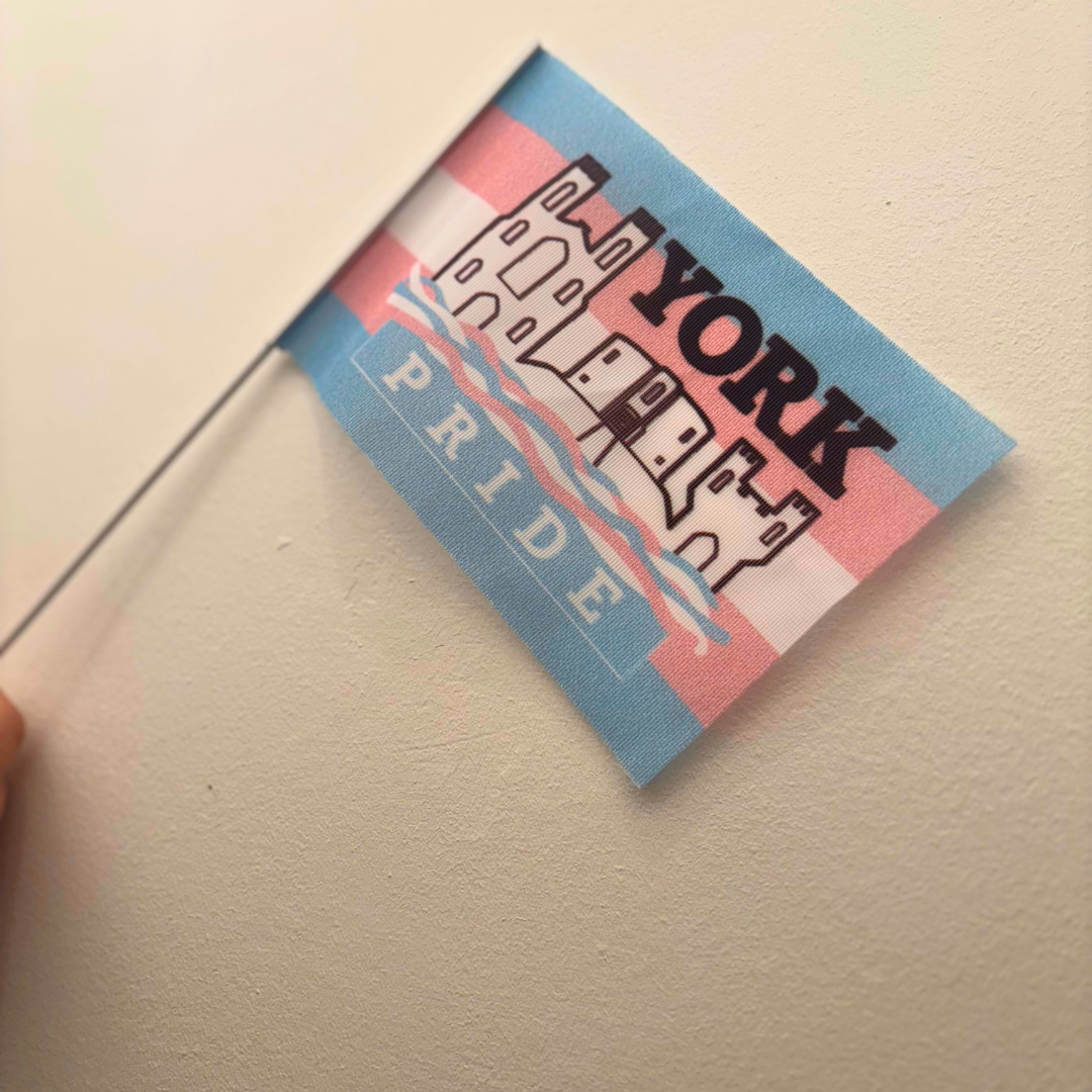 Mini York Pride flag in blue, pink, and white on a stick. Illustration of a castle with York Pride text.