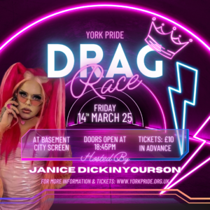 York Pride Drag Race event poster with neon lights, featuring a performer in pink hair and sunglasses. Event details included.