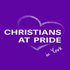 Purple graphic with a heart outline, text reads Christians at Pride in York, promoting inclusivity at York Pride.