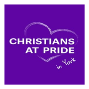 “Christians at Pride in York” logo on a purple background with a heart outline.